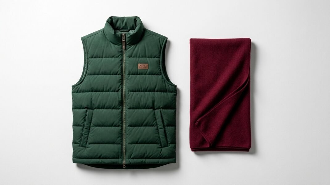 Top-down view of a dark green sleeveless puffer jacket next to a neatly folded maroon wool scarf.