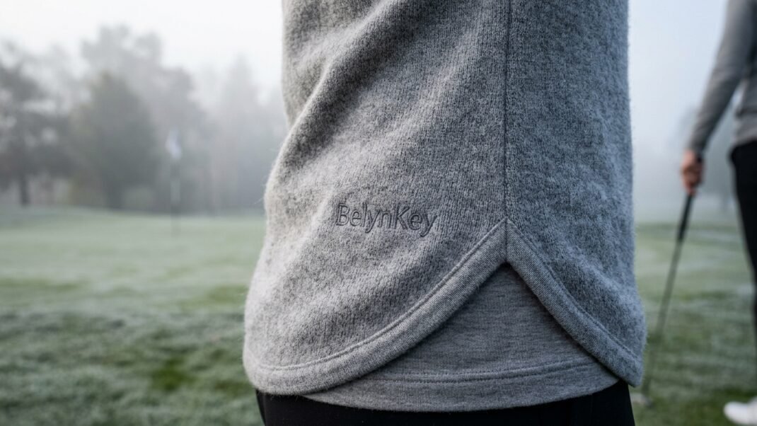 Close-up detail of textured grey fabric with BelynKey embroidery on a misty golf course.