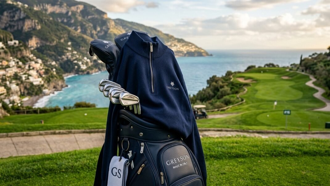 Greyson branded golf bag with clubs and sweater overlooking a Mediterranean cliffside golf course.