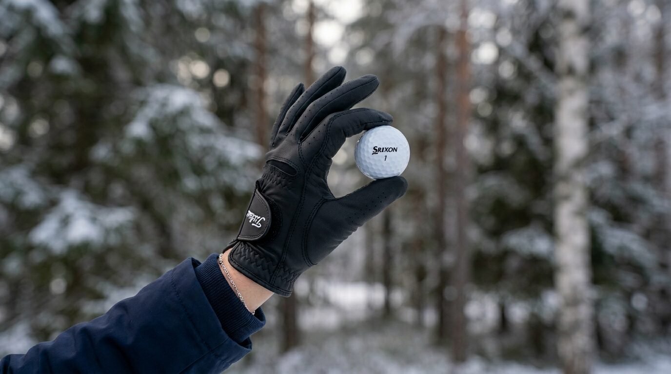 Close-up of a black golf glove holding a Srixon ball against a blurred snowy forest backdrop.