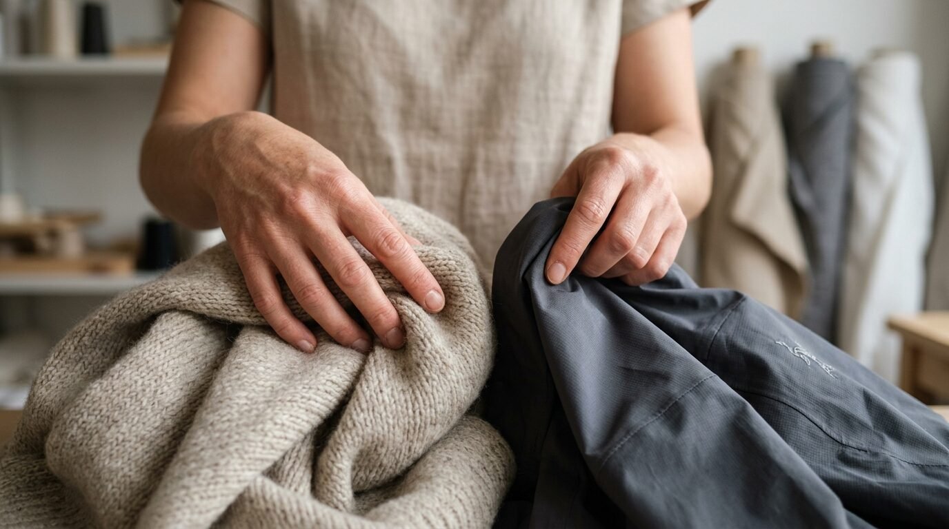 Close-up view of hands holding a beige knitted sweater next to a smooth grey technical fabric jacket.