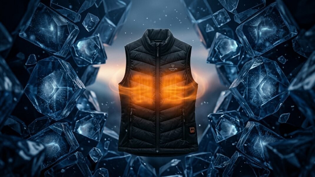 Insulated black vest showing orange heat zones against a background of sparkling blue ice shards.