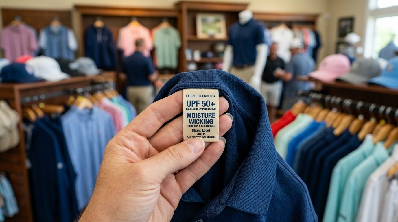 A hand holding a navy polo shirt tag showing fabric technology details like UPF 50+ inside a clothing store.