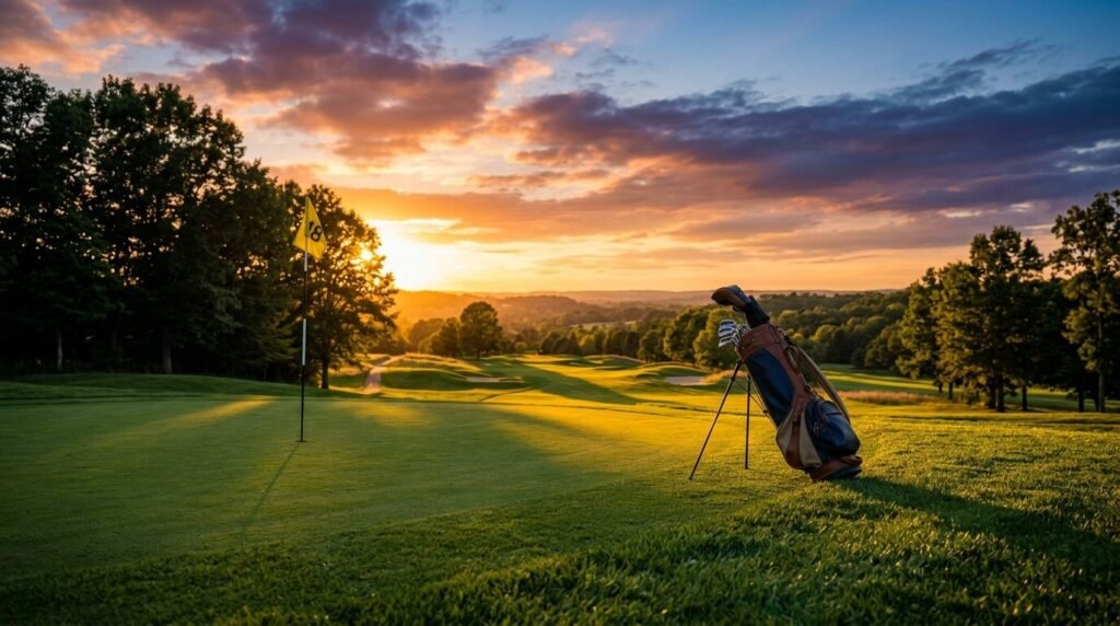 A focused female golfer squats on a golf course at sunset to read the line of a putt near the hole.
