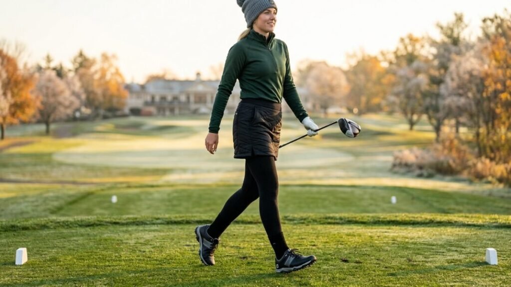 Female golfer in an orange jacket and beanie lines up a putt on a grassy course with autumn leaves.