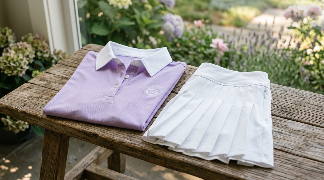 Lavender polo shirt with white collar and pleated white athletic skirt sitting on a rustic wooden bench.