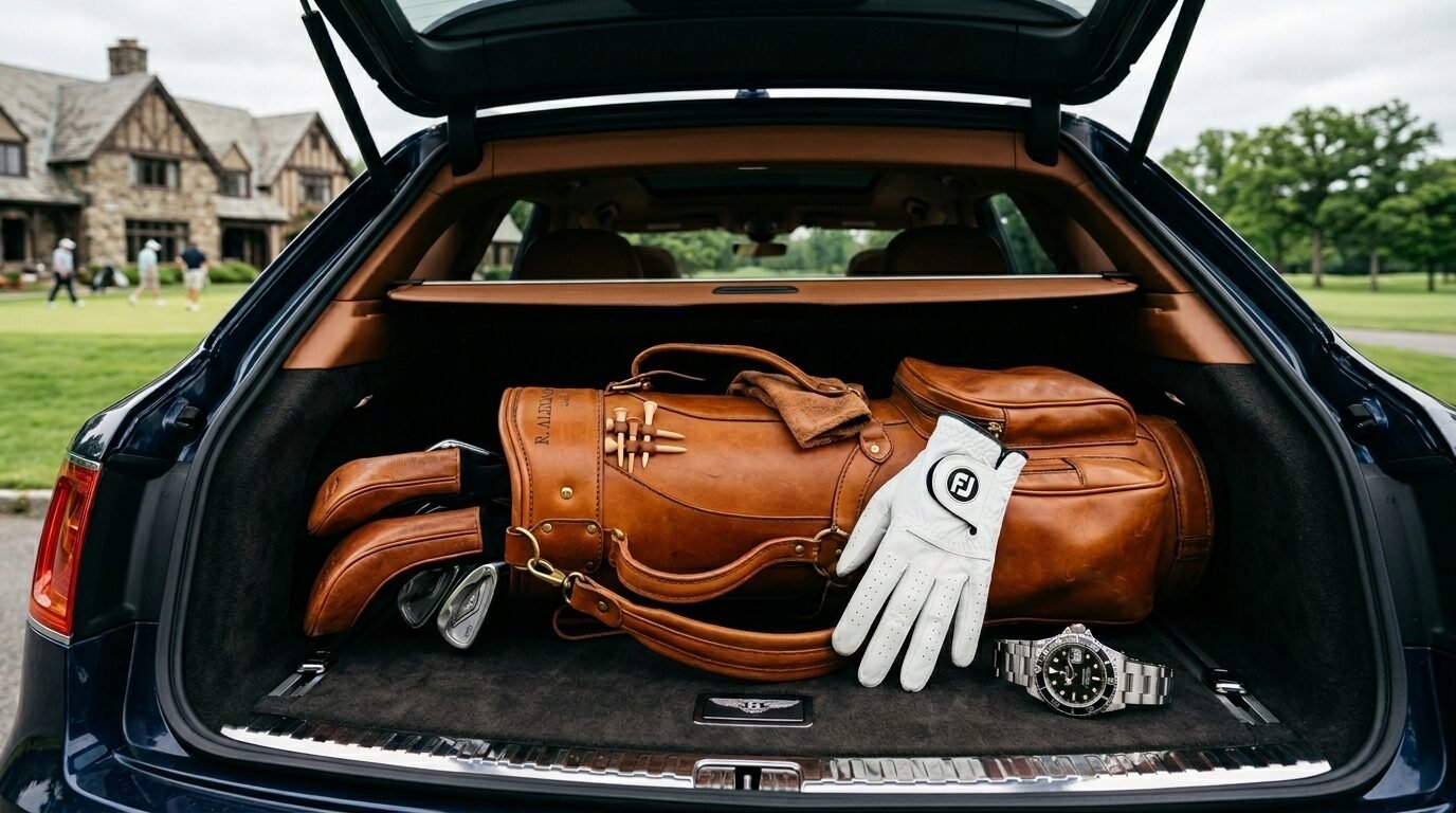 Vintage leather golf bag, white golf glove, and luxury wristwatch placed in the open cargo space of a dark blue car.