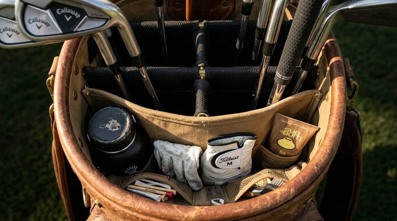 Interior of a leather golf bag holding clubs, white gloves, water bottle, and Sun Bum sunscreen.