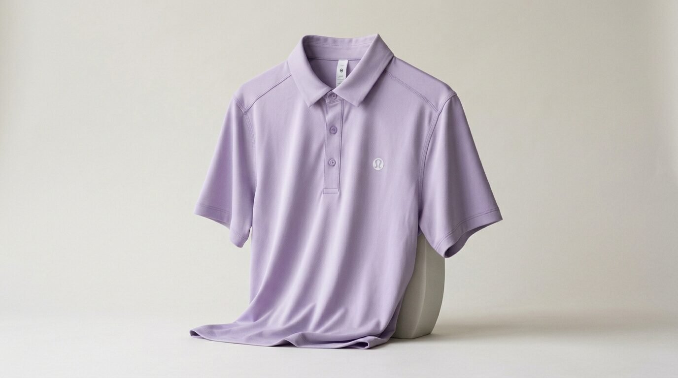 Lavender colored performance polo shirt with a small white logo on the chest against a neutral background.
