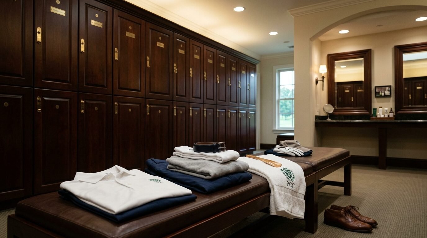 A white golf shirt, folded trousers, and club towel arranged on a brown leather bench in a wood-paneled locker room.