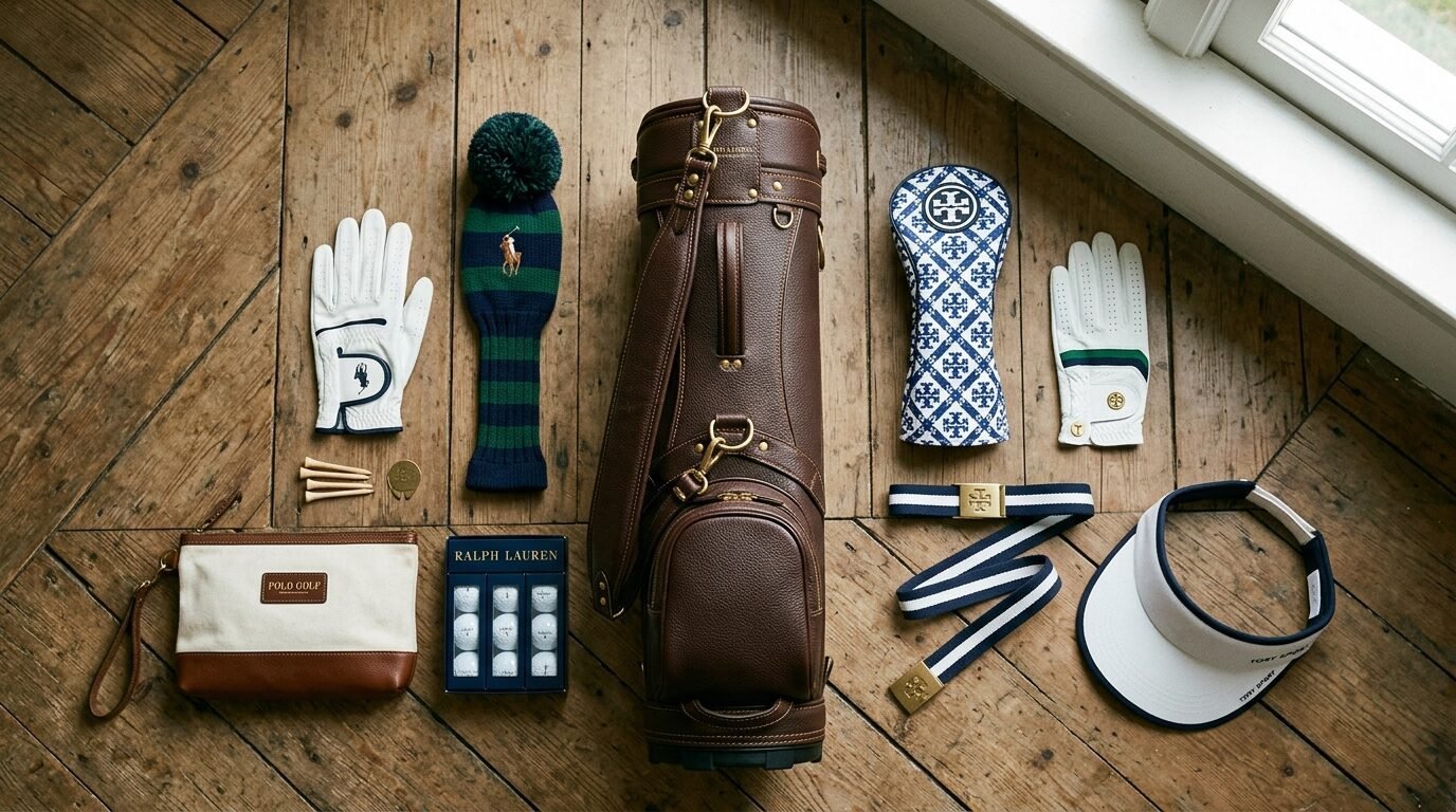 Top-down view of a leather golf bag, patterned headcovers, gloves, balls, and a visor on hardwood flooring.