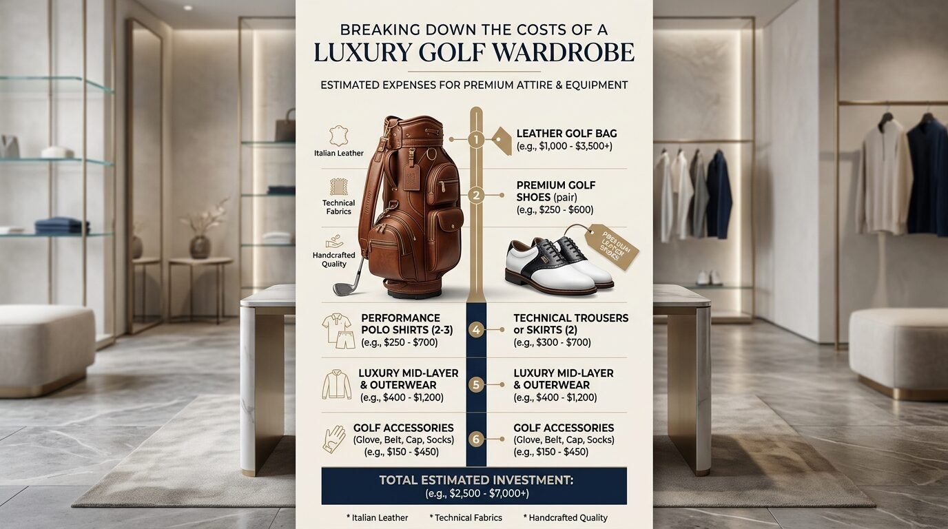 A chart showing estimated price ranges for high-end golf bags, shoes, apparel, and accessories.