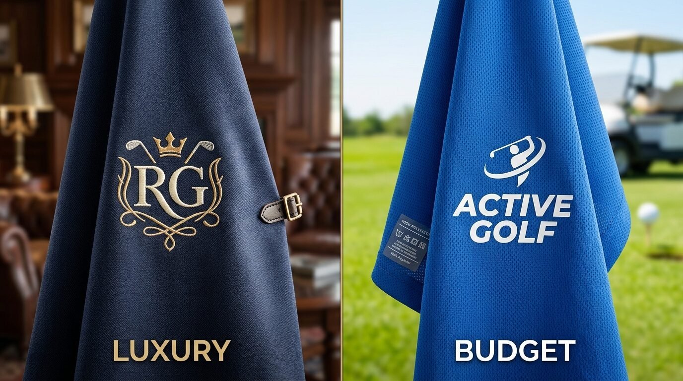 Comparison image showing an embroidered navy golf towel against a blue technical fabric golf towel.