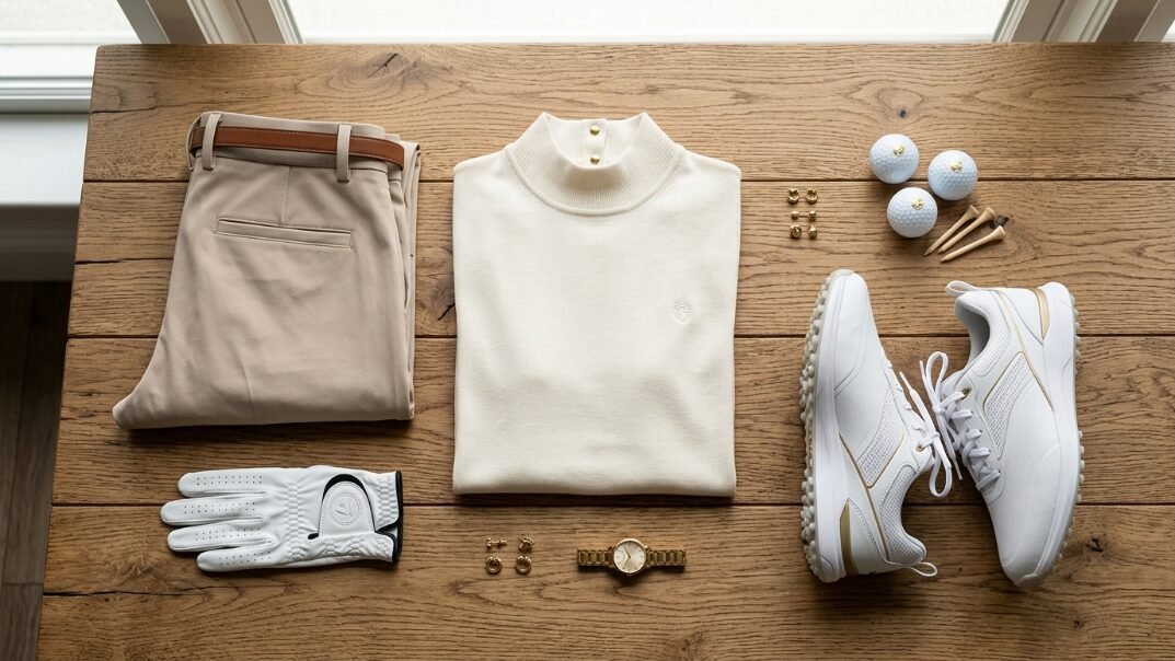 A flatlay of a cream mock neck shirt, beige slacks, white golf shoes, glove, balls, and gold jewelry on wood.