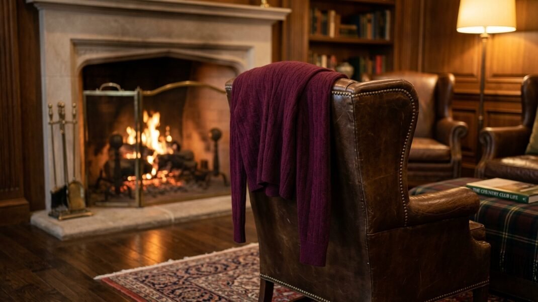 A dark red cable knit sweater hangs on the back of a brown leather armchair in a wood-paneled library with a fireplace.