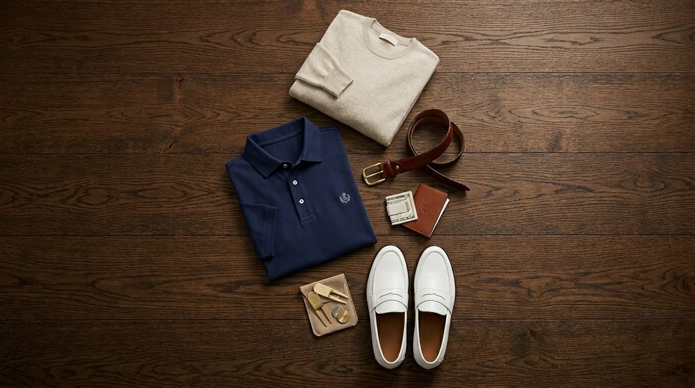 A navy polo, beige sweater, white loafers, brown belt, wallet, and golf accessories arranged on dark wood.