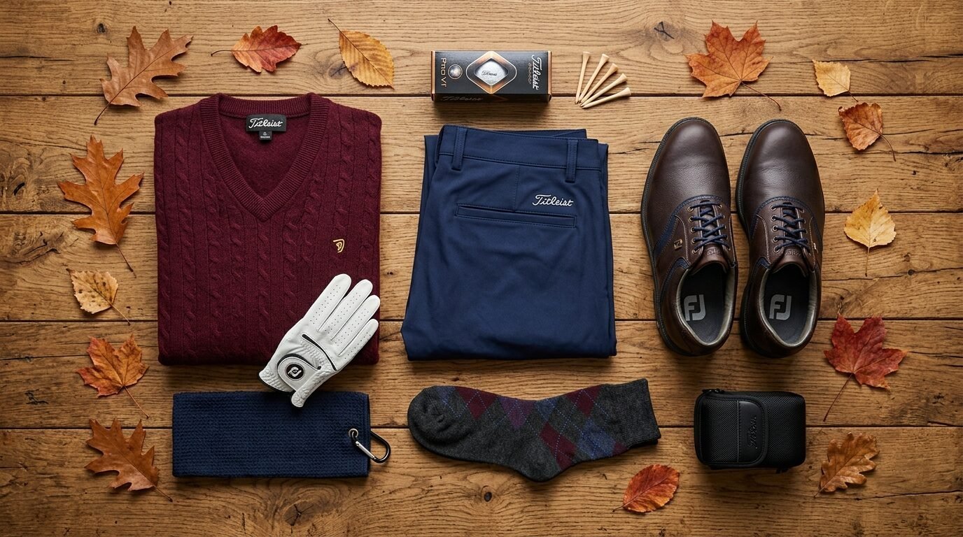 Top-down view of a maroon cable knit sweater, navy trousers, brown leather golf shoes, and accessories on wood.