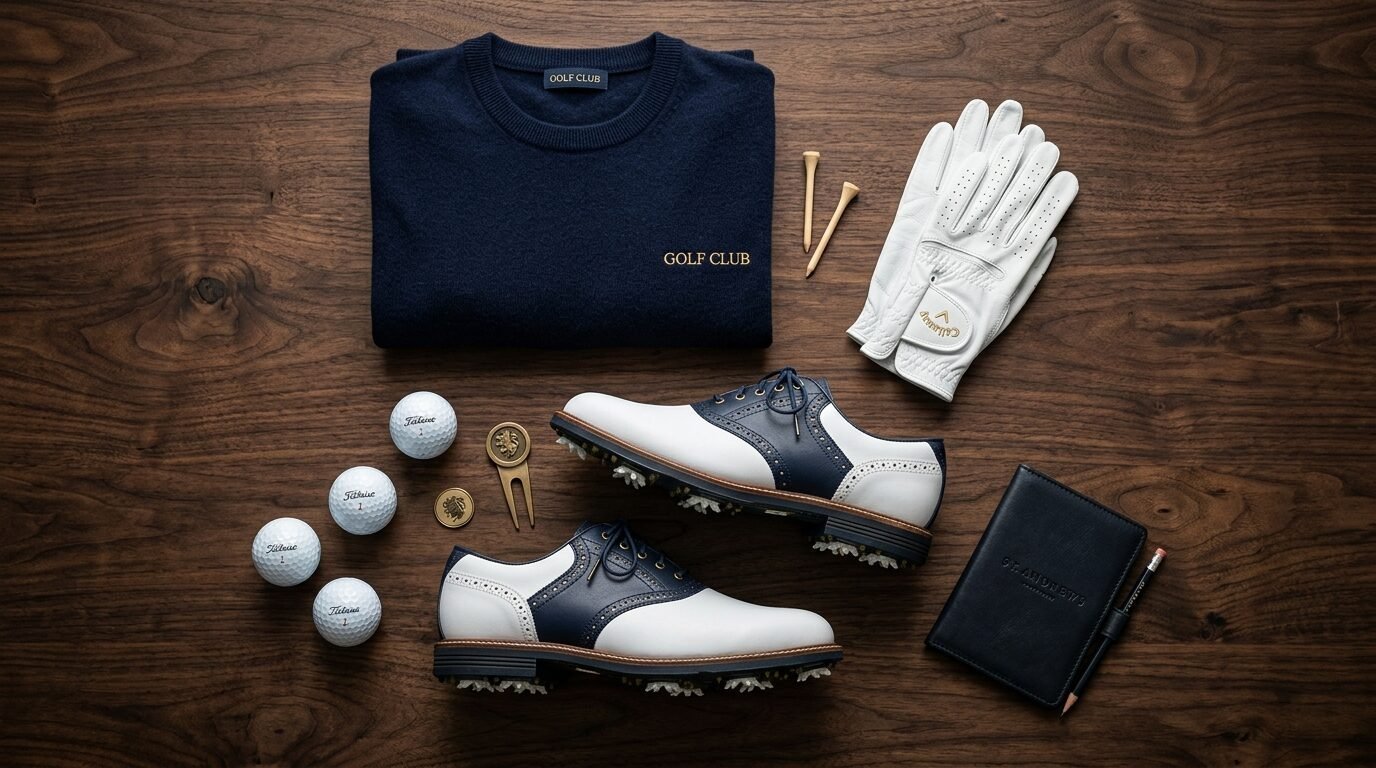 Top-down view of golf shoes, balls, a navy sweater, glove, and a notebook on a dark wood surface.