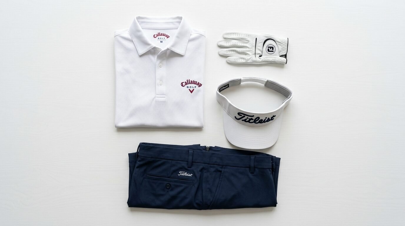 Folded white polo shirt, navy golf pants, white visor, and a leather golf glove arranged neatly.