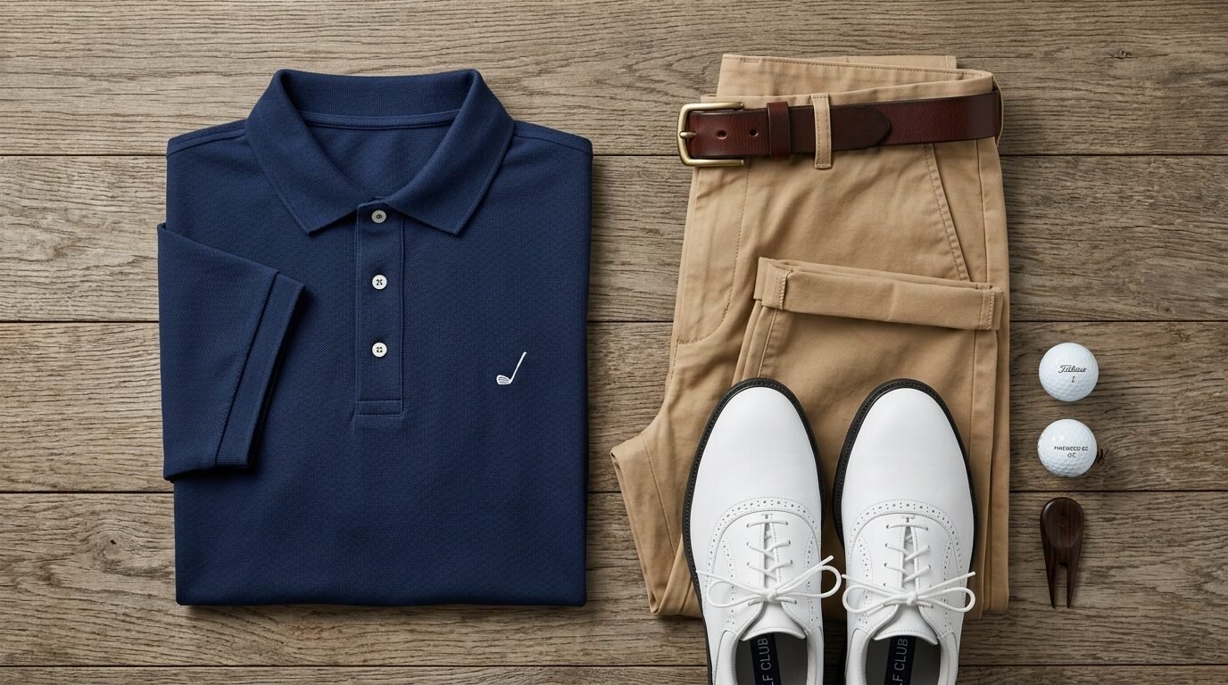 Navy golf shirt, tan chinos with brown belt, white golf shoes, and two golf balls on wood.