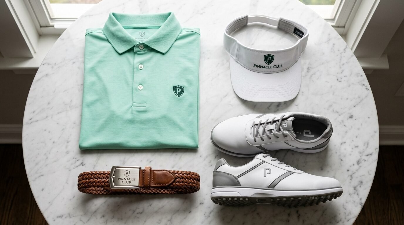 Mint green polo shirt, white visor, golf shoes, and brown braided belt laid out on a marble table.