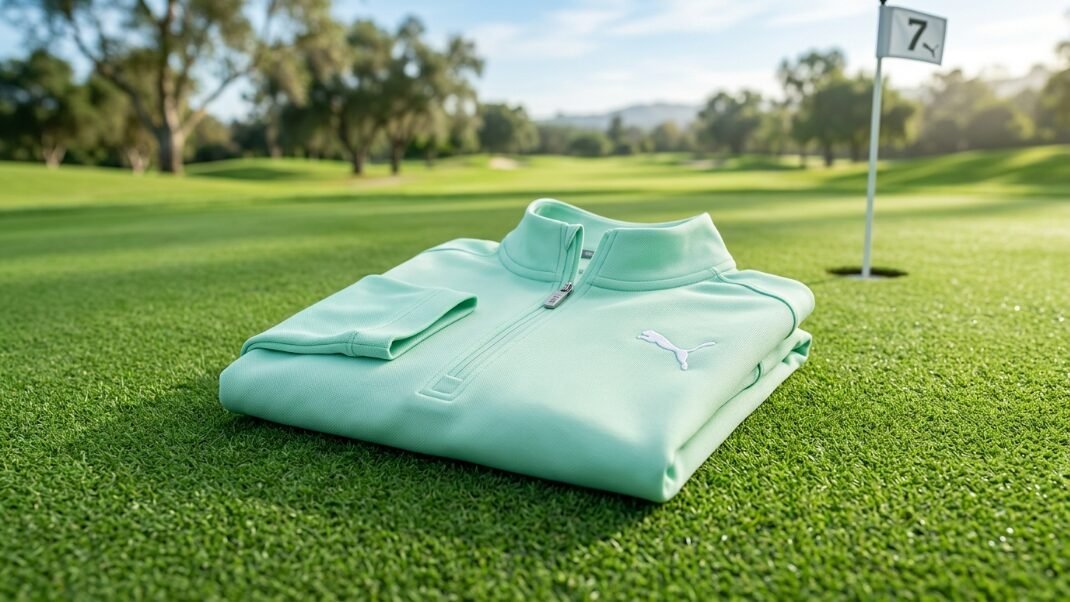Folded light green athletic pullover with a white Puma logo resting on a sunny golf course putting green.