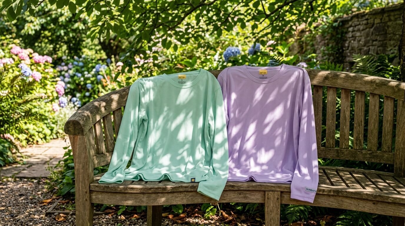 Two pastel long-sleeved shirts draped over a weathered wooden bench in a lush garden.
