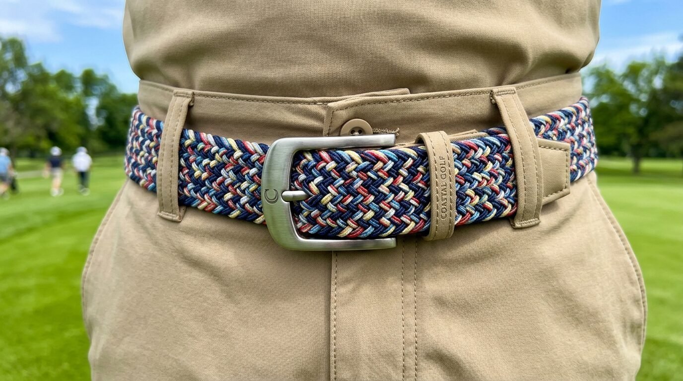 A person wearing a woven multi-colored golf belt with a metal buckle on beige khaki shorts outdoors.