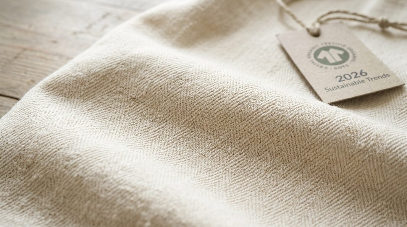 Textured off-white cotton textile featuring a GOTS certified tag about 2026 sustainable trends.