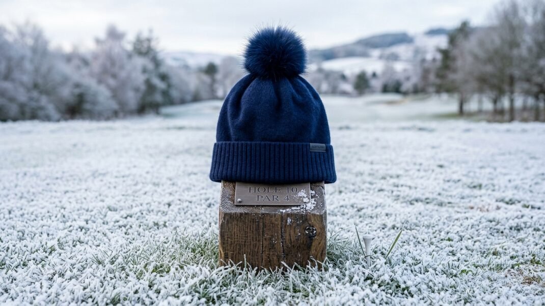 Dark blue winter hat with a pom-pom perched on a wooden golf tee marker in a frosty, snow-covered landscape.