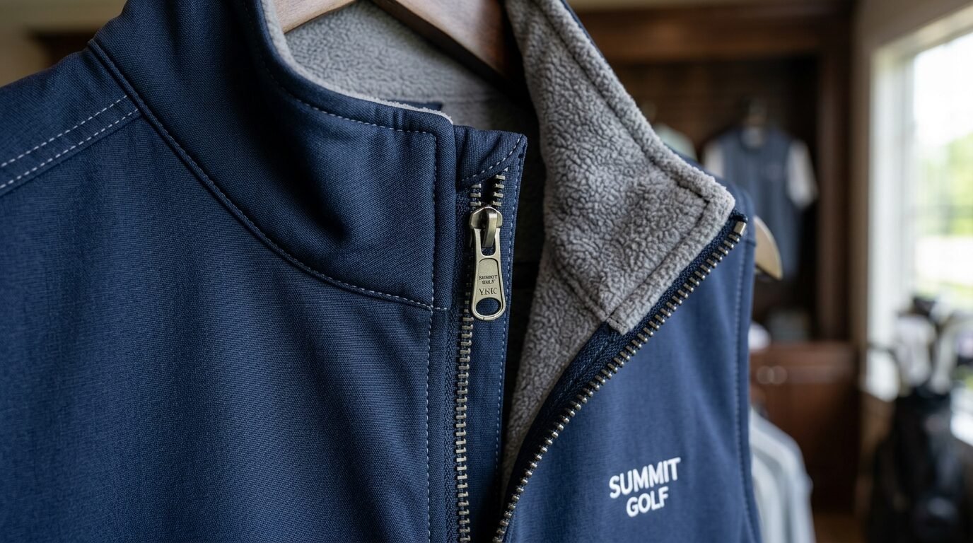 Navy blue vest with a soft grey fleece interior lining and a metallic zipper featuring the brand logo.