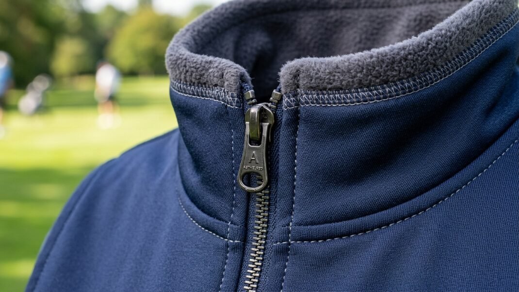 Detail view of a navy blue outdoor jacket featuring a grey fleece-lined collar and metallic zipper hardware.