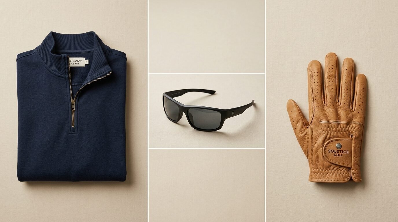 Top view of a navy zip-neck sweatshirt, black sunglasses, and a tan leather Solstice Golf glove on a beige background.