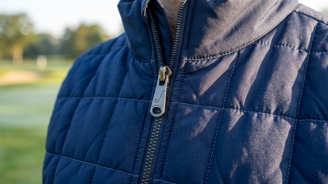 Detailed view of a dark blue quilted vest showing a metal zipper pull shaped like a golf club.