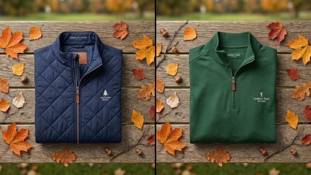 A navy quilted vest and green quarter-zip sweater laid on a wooden bench surrounded by fallen autumn leaves.