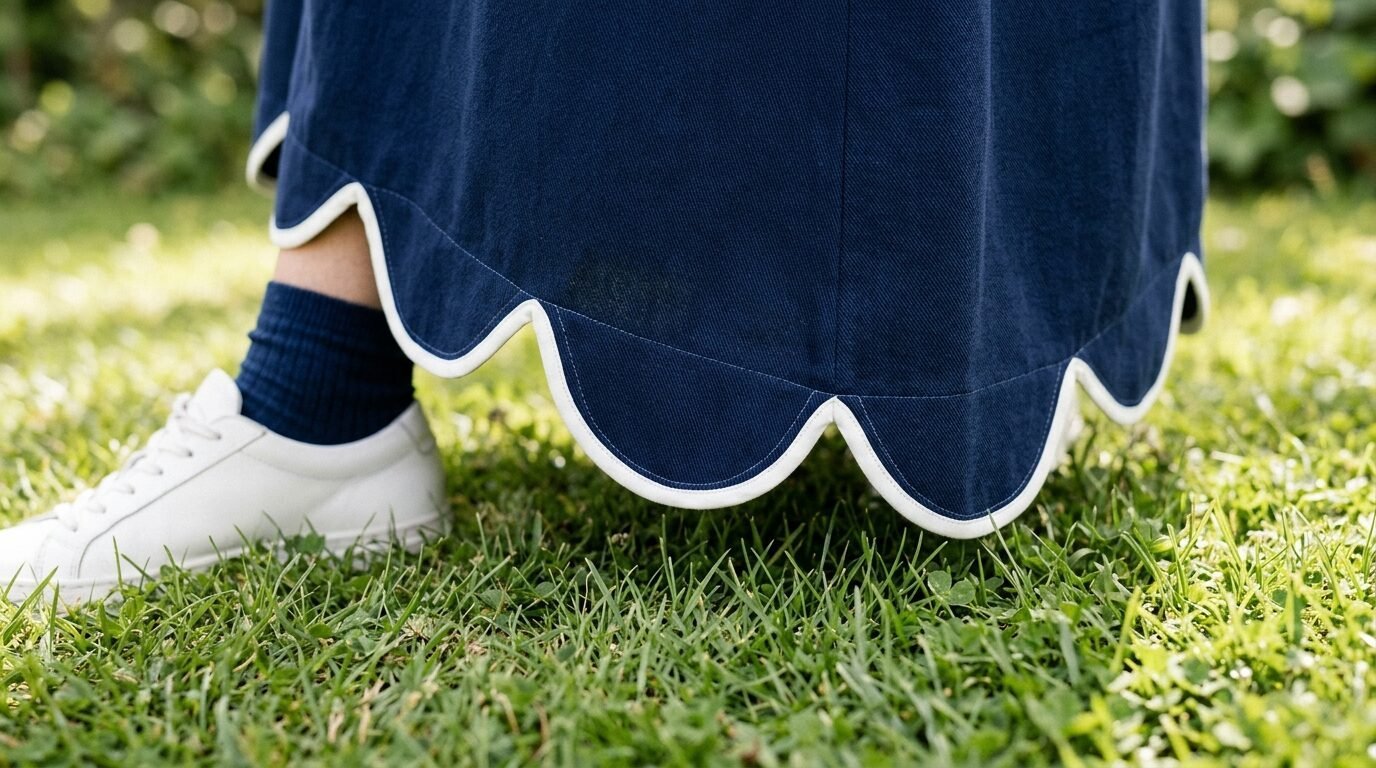 Close-up of a dark blue skirt featuring a white scalloped edge worn with white sneakers and dark blue socks.