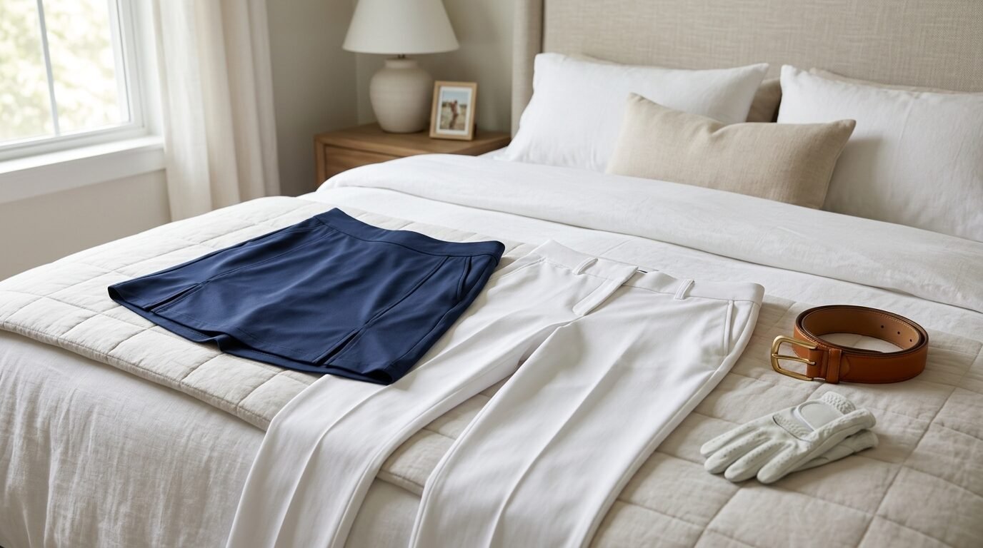 A navy skort, white pants, a brown leather belt, and a white golf glove laid out on a beige bedspread.