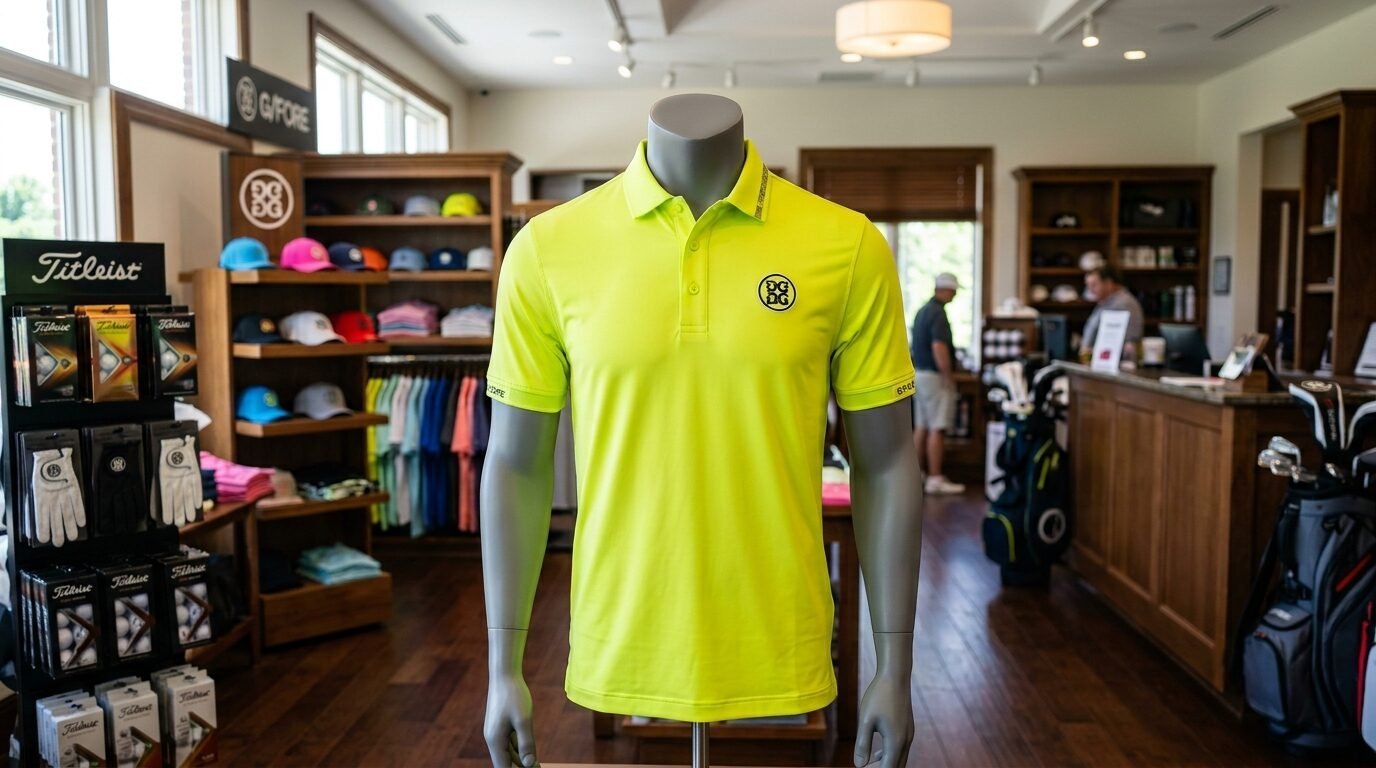 Bright lime green performance polo shirt on a grey mannequin inside a golf store with merchandise in the background.