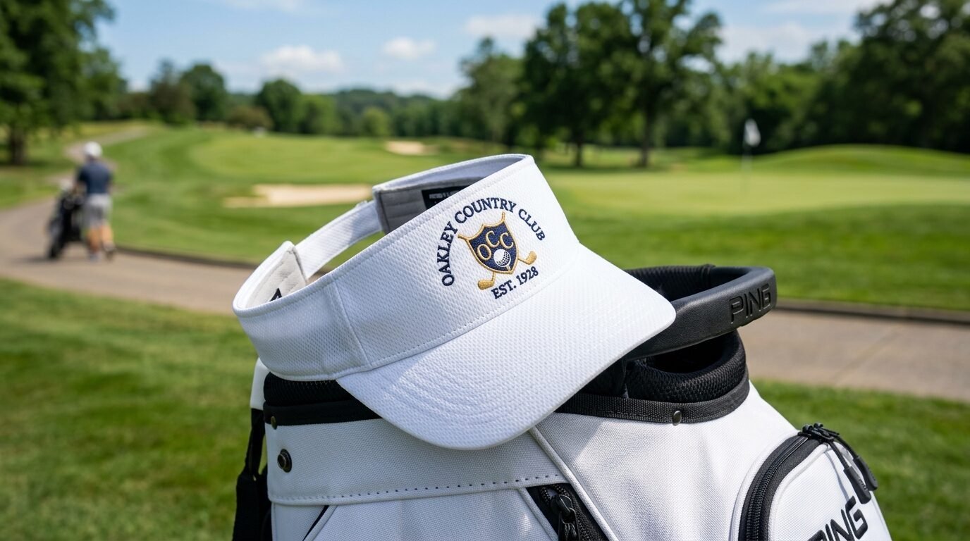 A white visor with the Oakley Country Club logo sitting atop a golf bag on a sunny course.
