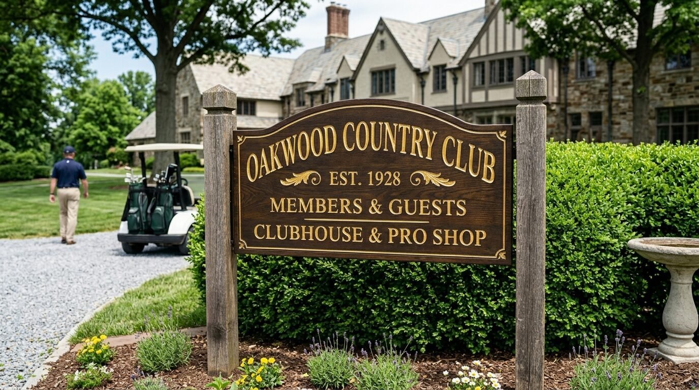 A rustic wooden sign for Oakwood Country Club stands before the clubhouse with a golfer walking toward a cart.