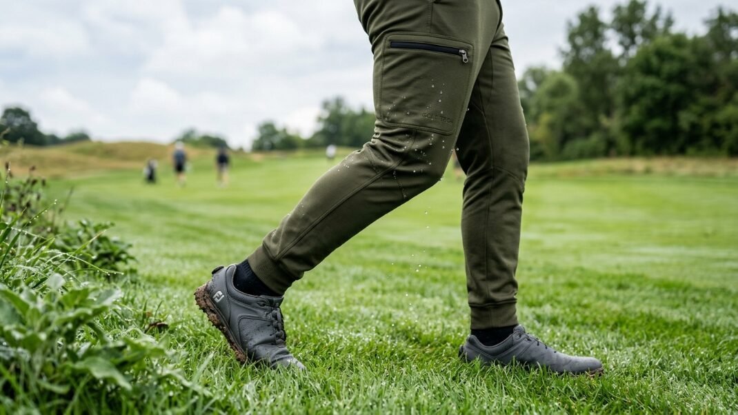 Close-up of a person wearing green athletic trousers and golf shoes walking on wet grass.