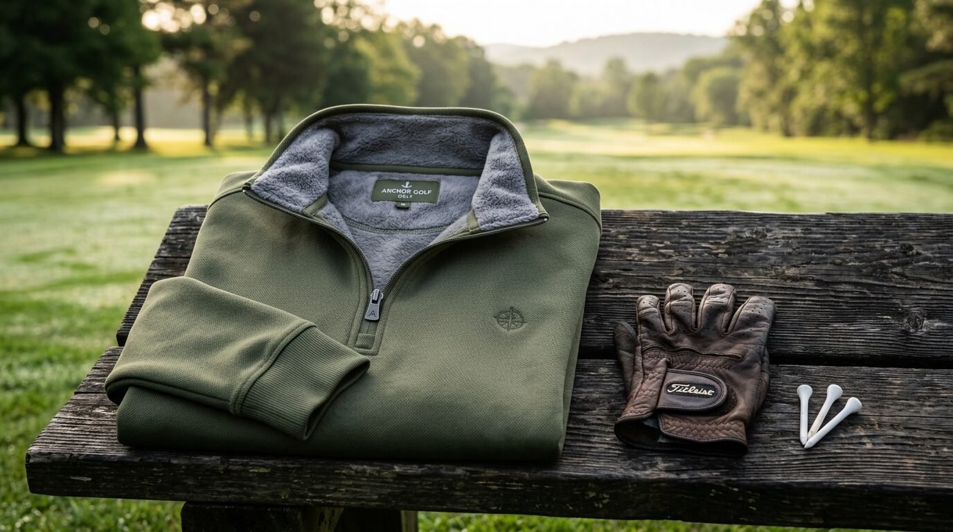 An olive quarter-zip fleece, brown leather golf glove, and tees resting on a wooden bench at a golf course.