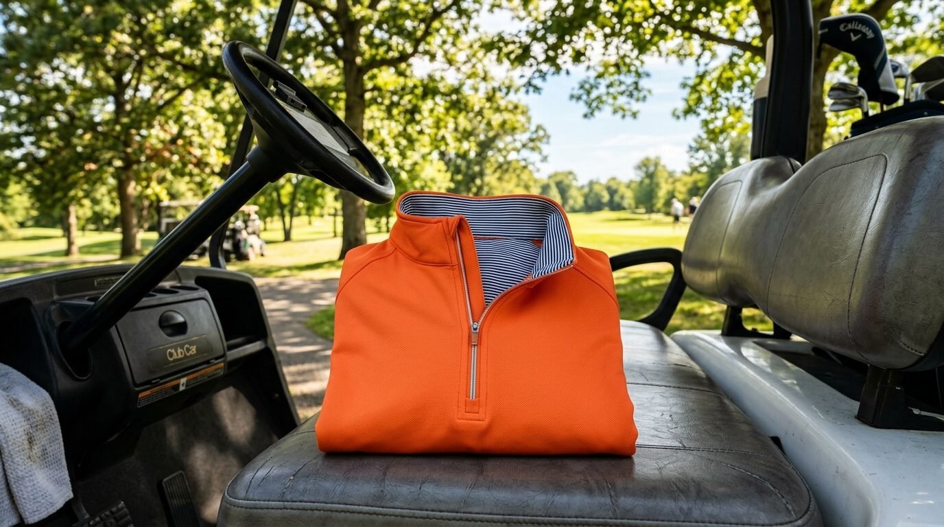 Bright orange long-sleeve athletic shirt with striped inner lining sitting on a gray golf cart seat.