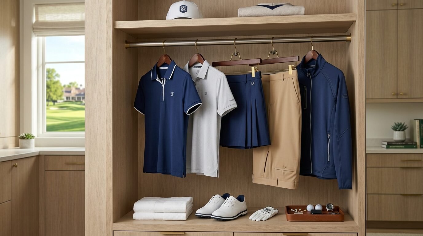 Golf shirts, slacks, and a skirt hanging in a wooden closet with accessories on the shelf below.