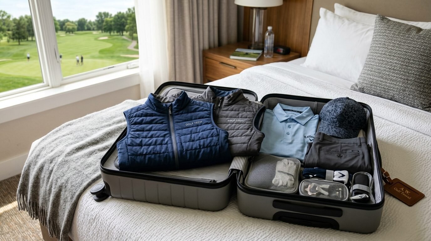Open luggage filled with folded apparel, a golf cap, and accessories resting on a hotel bed overlooking a course.