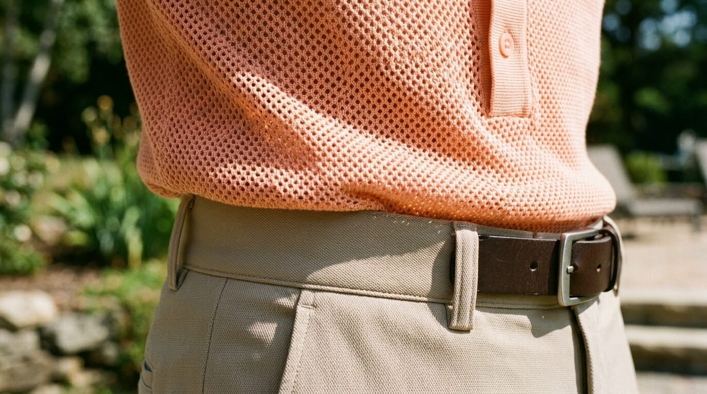 Close-up of a person wearing a peach mesh polo shirt tucked into beige trousers with a brown leather belt.