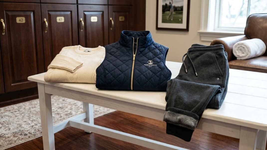 A beige sweater, navy quilted vest, and dark grey sweatpants laid out on a white bench in a golf locker room.