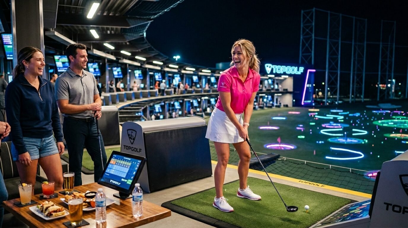 A woman in a pink shirt swings a golf club while her friends watch and smile at an illuminated outdoor golf range.