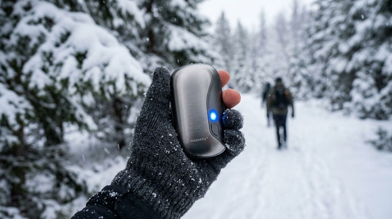 Close-up of a gloved hand holding a metallic rechargeable hand warmer with a glowing blue light in a snowy forest.