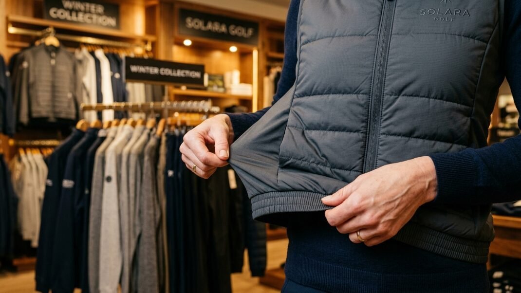 Close-up of hands stretching the fabric of a grey quilted golf vest inside a clothing store.
